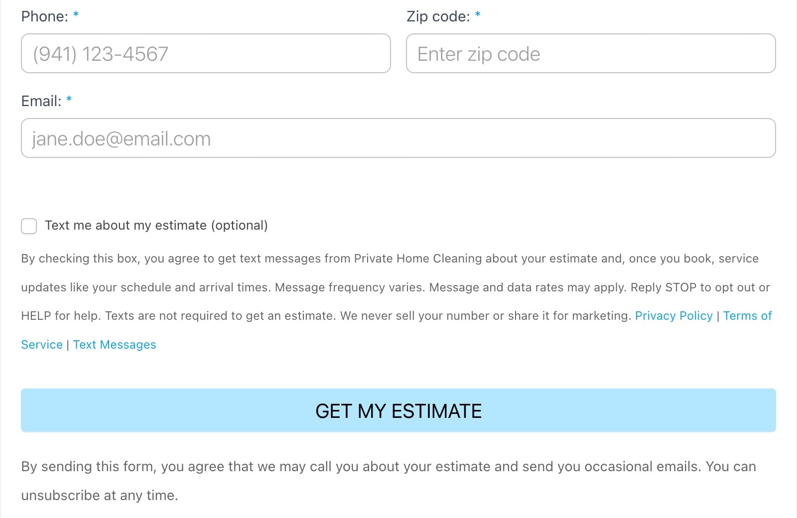 Private Home Cleaning estimate form showing the optional, unchecked texting checkbox and its consent text